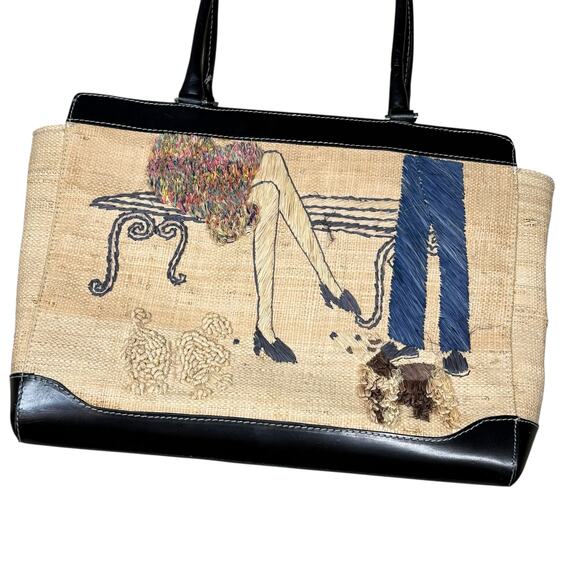 Summer Tompkins Vintage Embroidered Straw Park Scene Handbag - Picture 2 of 10